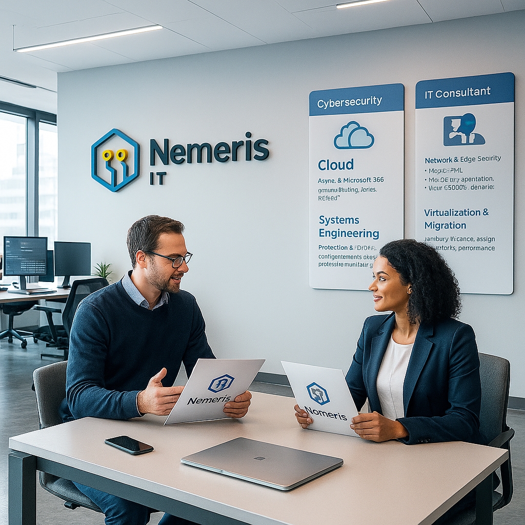 Nemeris IT ofisinde danışmanlık görüşmesi — Defensive-only, vendor-neutral B2B danışmanlık